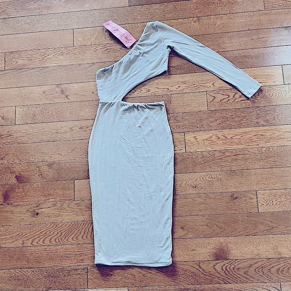 Shop Official Bee one shoulder, one sleeve cut out tan taupe dress